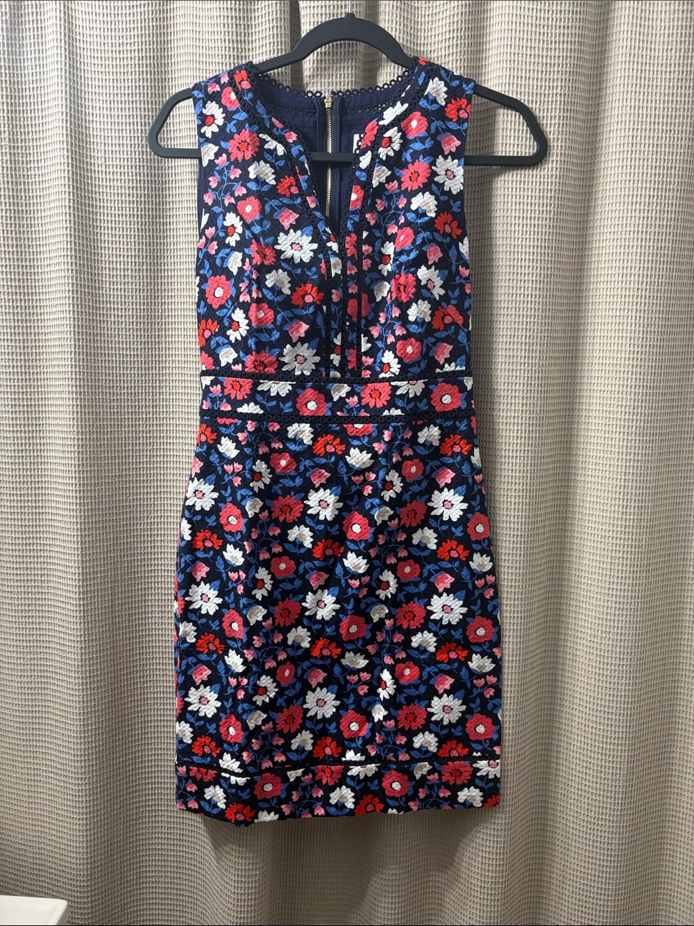 kate spade Navy Sleeveless Floral Sheath Dress with Red, White & Pink Blooms